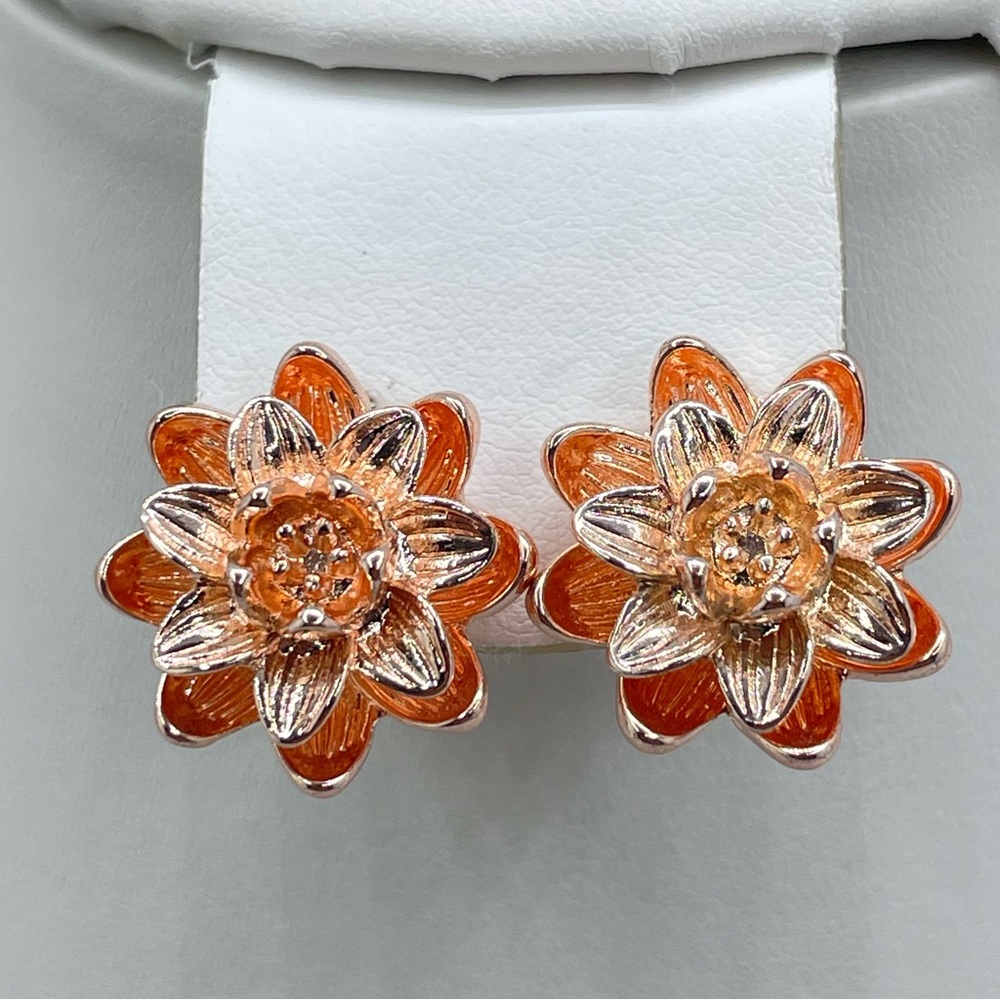 New Rose Gold Orange Enamel Floral Stud Earrings Statement Chic Boho Modern